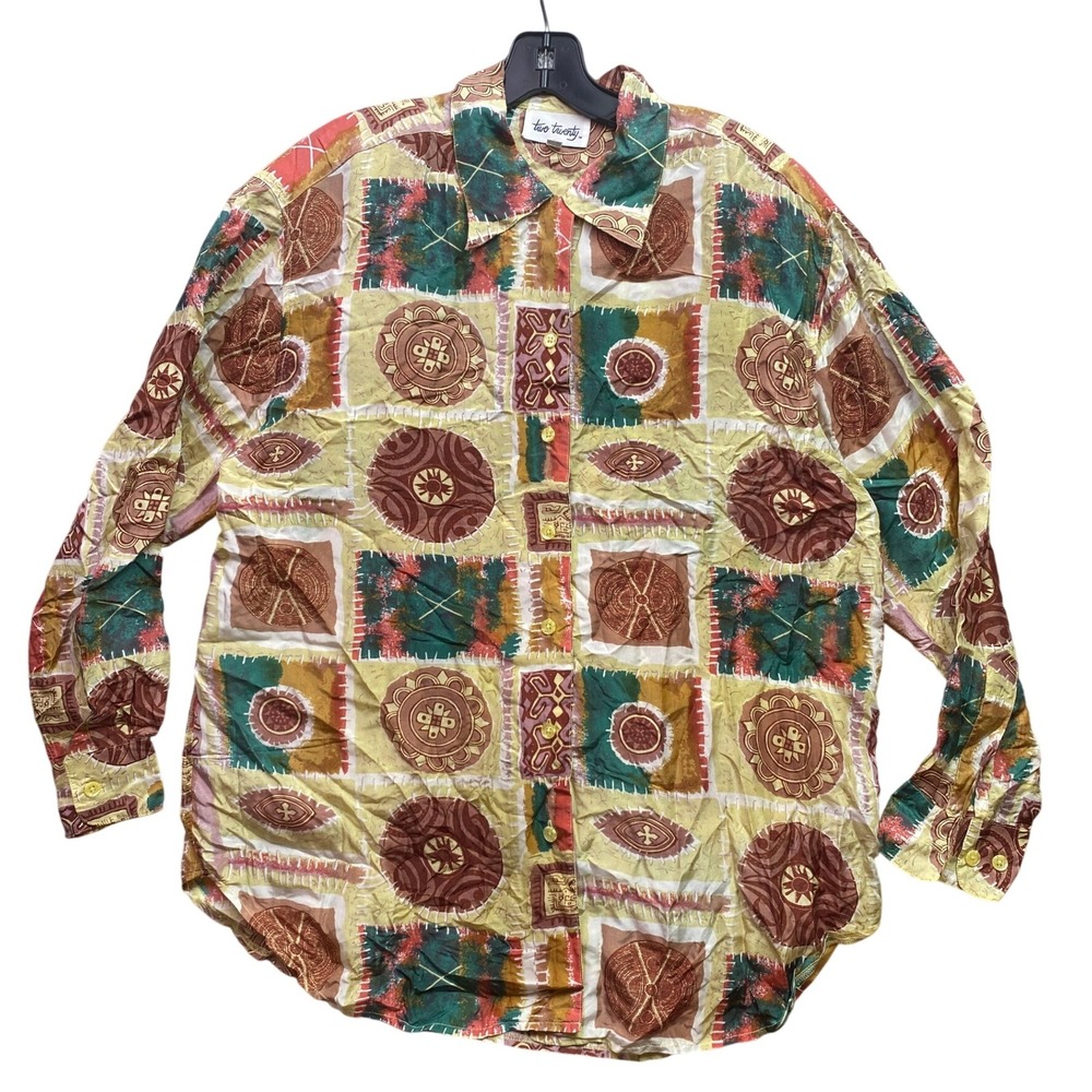 Vintage Two Twenty Shirt Womens Large‎ Silk Patchwork Aztec Festival Career